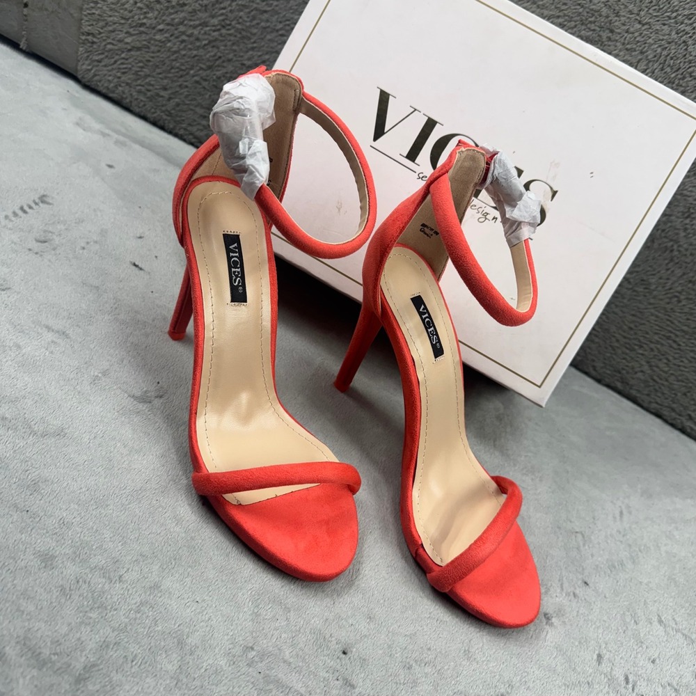 Vices Red Faux Suede Ankle Strap Stiletto Sandals‎ Heels 5074-23 Mens Size 36